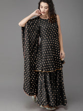 Women Black Ethnic Motifs Printed Empire Kurta with Sharara & With Dupatta-AHKUDUSH-COMBO-378